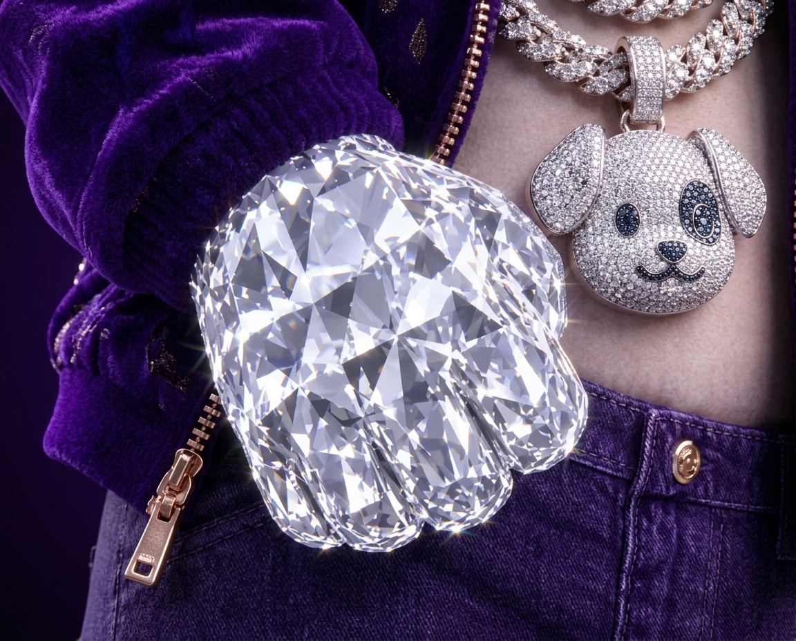 Diamond fist and an iced-out dog pendant