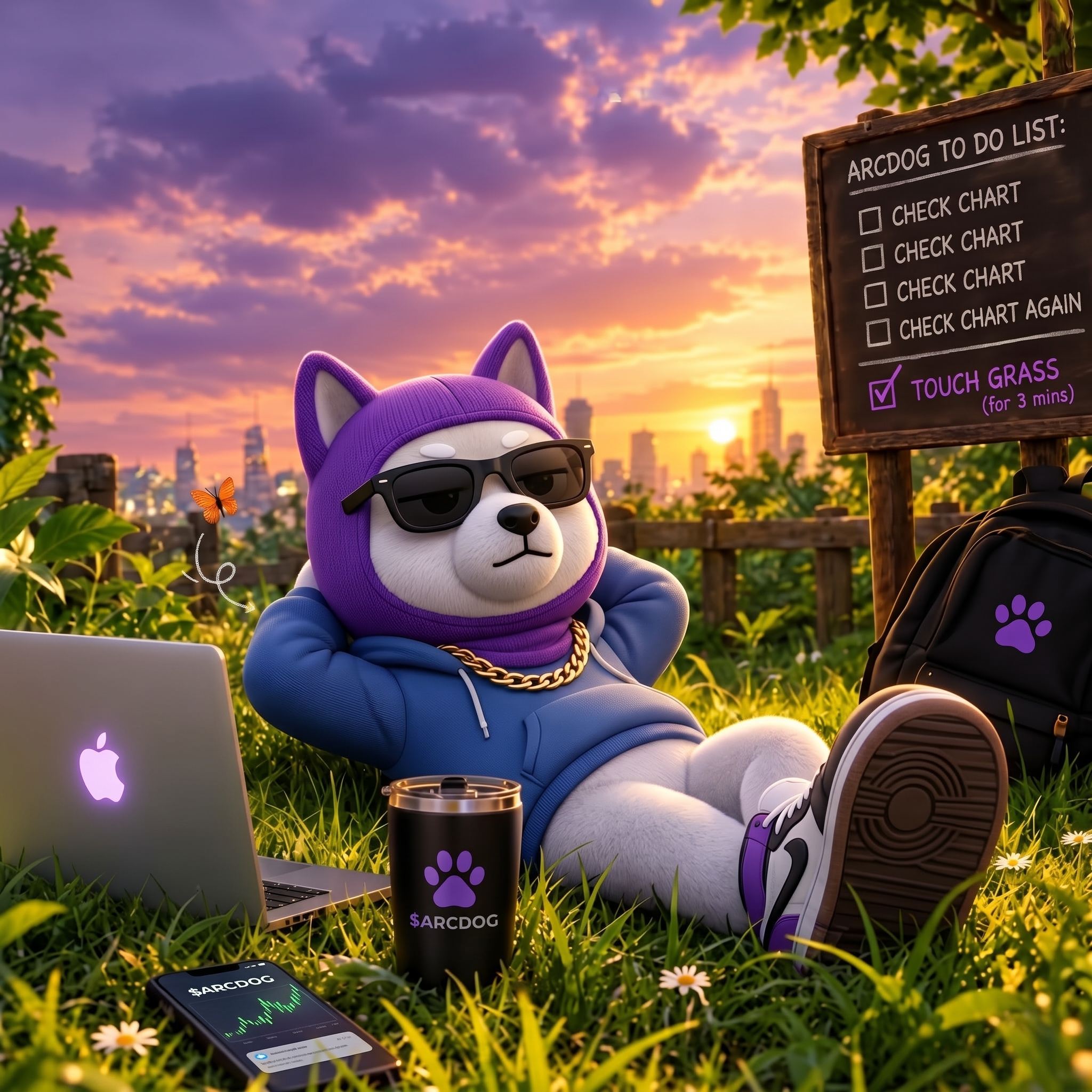 ARCDOG lying in the grass with a laptop and an ARCDOG to-do list
